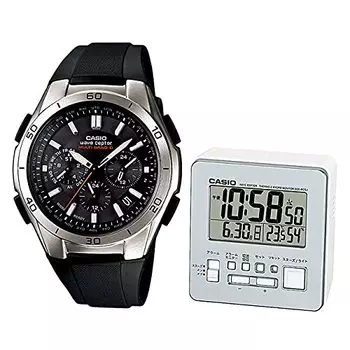 Solar radio watch wave cepter radio alarm clock 2 piece set men s & (WVQ-M410-1AJF & DQD-805J-8JF)