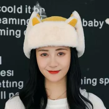 Солдатская шляпа, модная утолщенная дышащая женская шапка-авиатор с кошачьими ушками, ушанка для холодной погоды чёрный