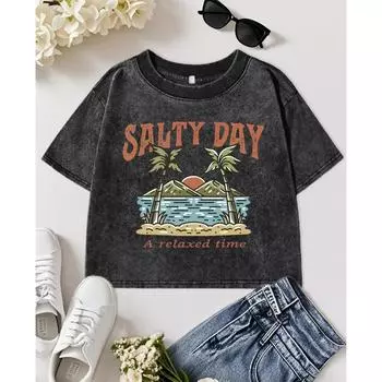 Соленый день Время для отдыха Принт с кокосовой пальмой Пляжный Выстиранная футболка Женская Хлопковая Укороченная одежда Удобный Повседневный Топ M