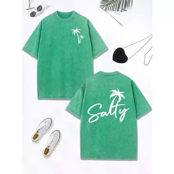 Соленый Кокос Дерево Арт Принт Букв Выстиранная Футболка Женская Хлопковая Футболка Оверсайз Круглый Вырез Удобные Топы Одежда S