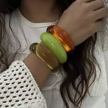 Solid Color Acrylic Open Bangle Transparent Retro Hand Ring Exaggerated Cuff Wide Bracelet Gift зелёный