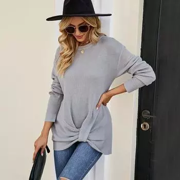 Solid color hem twisted slim sweater for women autumn and winter new European and American round neck sweater S белый