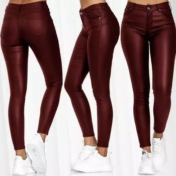 Solid Color Leather Casual Pants Feet Pants Women s Trousers High Waist PU Leather Leggings Slim Fit Versatile Daily Wear Trousers Leggings Pants XS красный