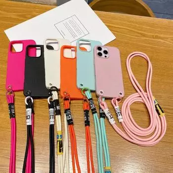 Solid Color Leather Texture Crossbody Lanyard Phone Case for iPhone 16 Plus 15 14 Pro 13 12 Pro Max 11 Shockproof Soft Tpu Slim Cover iPhone 16 светло-синий