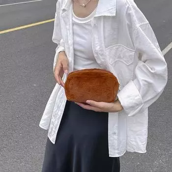 Solid Color Plush Makeup Bag Large Capacity Zipper Portable Multifunction Women Girls Travel Lipstick Cosmetic Toiletry Organizer Pouch