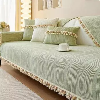 Solid Color Sofa Cover with Tassel Trim, Vintage Style, Milk Fleece Material, Winter Warmth Comfort, Pet-Friendly, Polyester Fabric 90 * 120cm