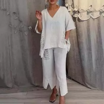 Однотонный костюм Элегантный женский брючный костюм с пайетками, топ с V-образным вырезом и эластичной талией, брюки с пайетками, стильный на осень M синий