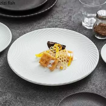 Solid Color Threaded Ceramic Shallow Plate Creative Steak Plate Dessert Sushi Dish Service Plate Restaurant Specialty Tableware