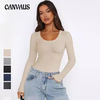 Однотонная рубашка с U-образным вырезом и нитками Y2K Одежда женская узкая рубашка с длинными рукавами для женщин Топы с открытыми плечами S абрикосовый