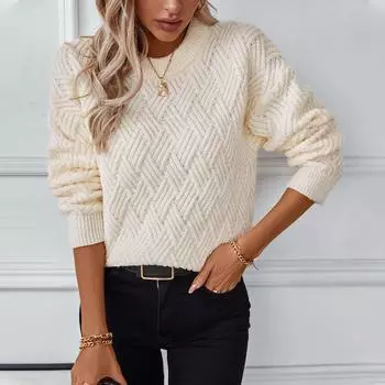 Solid color twist knitted sweater for women autumn and winter new European and American retro round neck sweater for women S бежевый