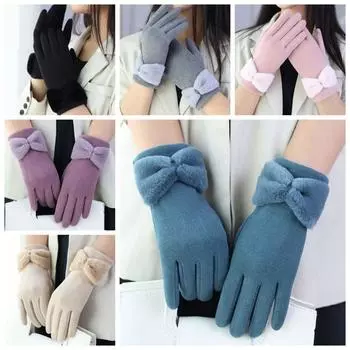 Solid Color Winter Velvet Gloves Plush Gloves Retro Bowknot Mittens Outdoor розовый