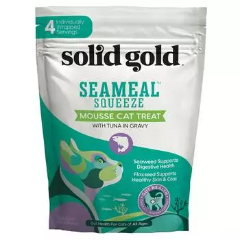 Solid Gold, SeaMeal™ Squeeze Moose Кошачьи лакомства, Тунец, Вкус подливки, Для всех кошек, 4 пакетика, 0,5 унции (14 г) Каждый