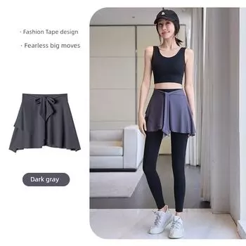 Solid Lace-up Skirts Yoga Pants Covering Skirt Sports Fitness Lower Body Anti-Embarrassment Shark Pants Thigh-length Skirt Cover Dark Gray L