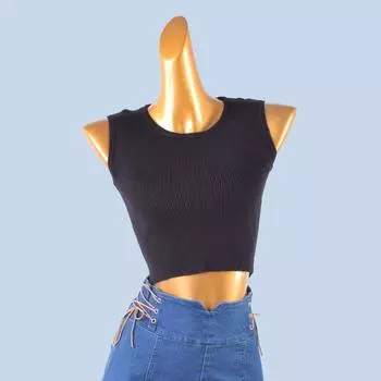 ~ Solid Simple and Stylish Cami Spring/Summer Slim fit Slimming Short Navel Knitted Base Top Black All yards