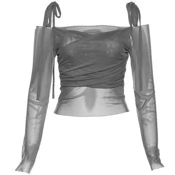 Solid Slash Neck Crop Tops Sexy Off Shoulder Straps Long Sleeve T-Shirts Slim Mesh Tees Y2K Streetwear Women S