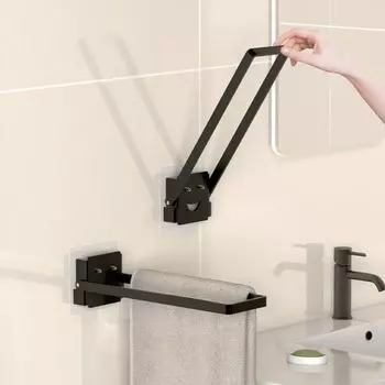 Solid Wall Mounted Folding Towel Bar Punch-free Waterproof Towel Holder Rack Black Carbon Steel Storage Rack Kitchen
