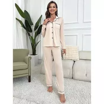 Solid Women Pajama Set Front Button Long Sleeve Top&Full-Length Pants Notched Collar 2 Piece Sleepwear Nightwear Homwear Cloth S