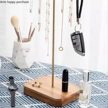 Solid Wood Base Metal Jewelry Rack Jewelry Storage Rack Home Accessories Desktop Organizer Decorative Frame Storage Holders
