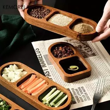 Прямоугольный поднос из цельного дерева, решетка на 2/3, тарелка для приправ, завтрак, суши, хлеб, десерт, соус, тарелка, кухонное блюдо для приправ