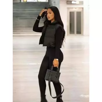 Solid Zip Up Vest, Casual Winter Warm Sleeveless Outerwear, Women s Clothing S чёрный