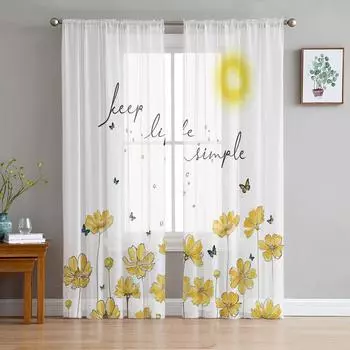 Солнце Бабочка Цветок Тюль Шторы Для Гостиной Спальня Вуаль Прозрачные Шторы Окна Домашний Декор Шторы 135W x 114H(cm)