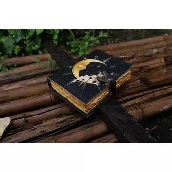 Солнце и луна Кожаный блокнот ручной работы Бумага с необрезанным краем, Пустой журнал теней для заклинаний, подарок для него, книга для путешествий. ( 100 страниц ) 7 x 5 in чёрный