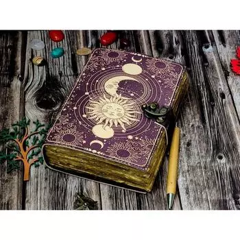 Солнце и луна Кожаный блокнот ручной работы Бумага с рваным краем, Пустая книга теней гримуар, подарок для него книга для путешествий 7 x 5 in