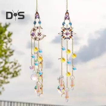 Солнце и Луна Ловец Солнца Подвесное украшение с цепочкой Крытый и открытый Домашний сад Искусственный кристалл Призма Красочная радуга Создатель Подвеска Орнамент Sun flower