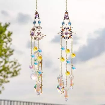 Солнце и Луна Ловец Солнца Подвесное украшение с цепочкой Крытый и открытый Домашний сад Искусственный кристалл Призма Красочная радуга Создатель Подвеска Орнамент Moon