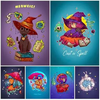 Солнце и Луна, мультяшное изображение, художественный постер, Звездная ведьма и волшебник, кот, забавная настенная живопись на холсте, грибная фея, постер с принтом, декор без рамки 21*30cm