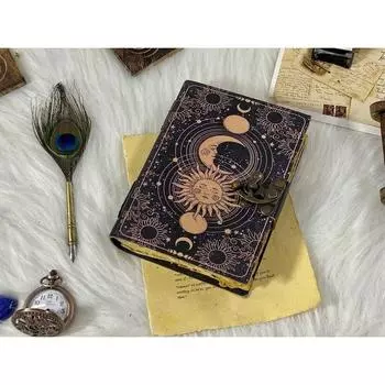Солнце и Луна. Пустая книга заклинаний теней ручной работы. Журнал Гримуара. Мусорный журнал. Журнал колдовства, кожаные подарки для мужчин и женщин. 7 x 5 in