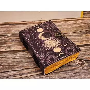 Солнце и Луна Винтажный вид Кожаный журнал Антикварная бумага ручной работы с декоративными краями, кожаный альбом для рисования, книга теней, гримуар 7 x 5 in