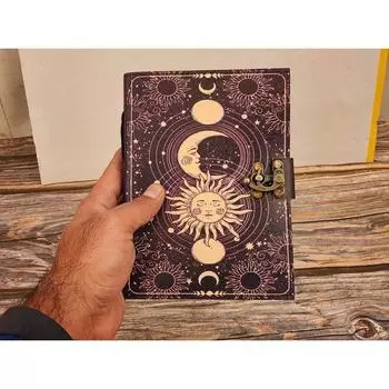 Солнце и Луна Винтажный вид Кожаный журнал Антикварная бумага ручной работы с декоративными краями, кожаный альбом для рисования, книга теней, гримуар 7 x 5 in