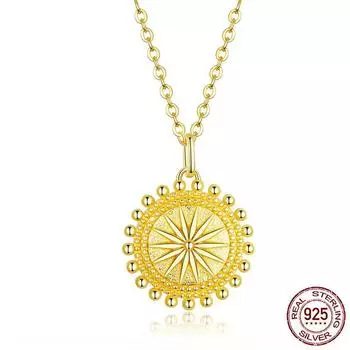 Солнце кулон в виде монеты, ожерелье для женщин, золотой цвет, натуральная стерлингового серебра 925 пробы, цепочки и ожерелья, колье, модные украшения