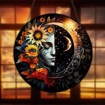 Солнце, Луна, цветок, подвесной знак, круглый, для использования на открытом воздухе, передняя дверь, окно, настенное искусство, акриловая приветственная тарелка, подвесное украшение B