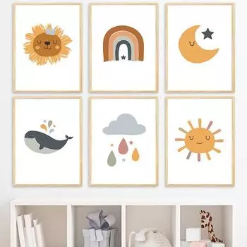 Солнце Луна Радуга Кит Плакат Облако Звезды Принт Детская Настенная Живопись Мультфильм Холст Картина Детская Картина Детская Декор Комнаты 21cm30cm NoFrame