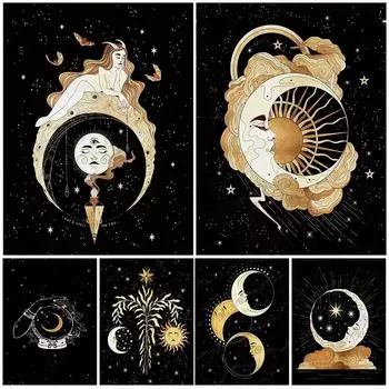 Солнце Луна Викка абстрактное искусство плакат и принт ведьма на луне, колдовство, настенная живопись на холсте украшение (с рамкой) 15*20cm(with frame)