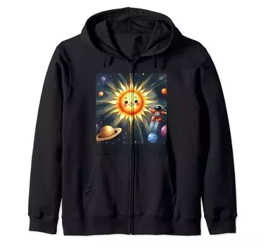Солнце в образе авантюрного астронавта, парящего в космосе с планетами, толстовка с капюшоном на молнии чёрный