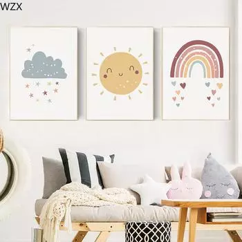 Солнце Звезда Облако Плакат Детская Холст Настенная Печать Радуга Скандинавские Плакаты Живопись Детские Принты Настенные Картины Декор Детской Комнаты 21x30cm No Framed