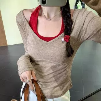 Солнцезащитная блузка с V-образным вырезом и микропрозрачным принтом в виде сердца, женская футболка, комплект из двух предметов на весну и лето S