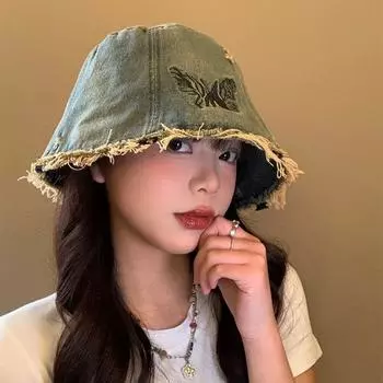 Солнцезащитная джинсовая шляпа рыбака бабочка ретро кепка-ведро повседневная стираная шляпа от солнца для девочек синий