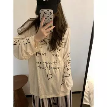 Солнцезащитная футболка с принтом Letter Love для женщин, длинный рукав, тонкие свободные футболки с круглым вырезом, классная летняя женская футболка-пуловер S абрикосовый