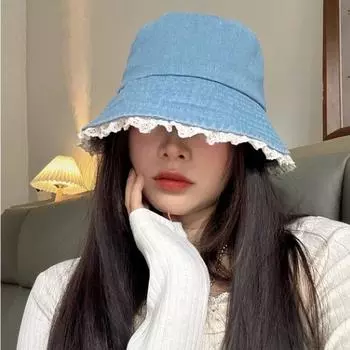Солнцезащитная кружевная шляпа рыбака Y2K панама шляпа ретро джинсовая панама для женщин светло-синий