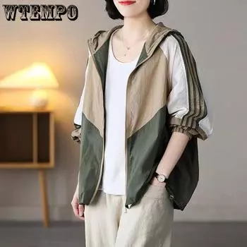 Солнцезащитная куртка с капюшоном в стиле пэчворк с цветными блоками для женщин, женский кардиган с воротником-стойкой на молнии, летний тонкий солнцезащитный костюм L зелёный