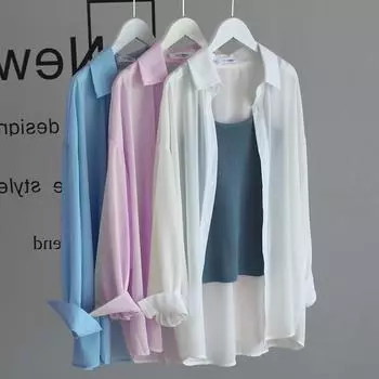 Солнцезащитная одежда для женщин, летний тонкий кардиган, модная свободная шифоновая рубашка с длинными рукавами S белый