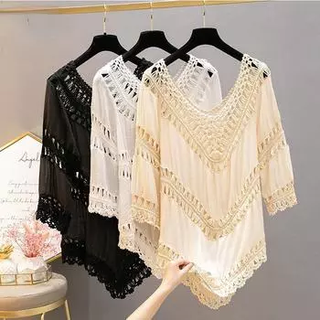 Солнцезащитная одежда для женщин, свитер с вырезами, летние сексуальные вязаные топы, верхняя одежда M