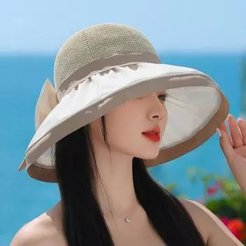 Солнцезащитная шляпа для женщин 2024 года, новинка, защита от ультрафиолета, летний солнцезащитный козырек с большими полями, складная цветная клеевая шляпа, закрывающая лицо M56-58cm бежевый
