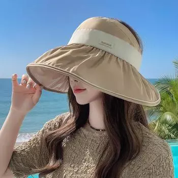 Солнцезащитная шляпа с пустым верхом и большим лицом, подходит для женщин, летняя шляпа, можно завязать хвост, солнцезащитный козырек для путешествий 2024 года, новая шляпа-ведро M (56-58cm) empty top jelly label