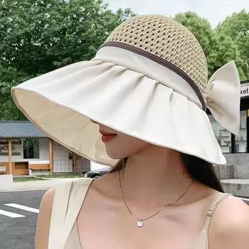 Солнцезащитная шляпа-ведро с цветным клеевым бантом и полутопом чёрный