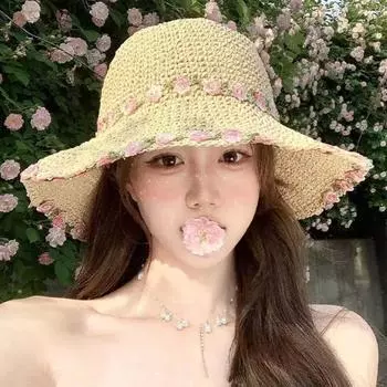 Солнцезащитная соломенная шляпа Flower Lafite с широкими полями. Летняя пляжная шляпа. Легкая пляжная шляпа от солнца. Khaki Blue